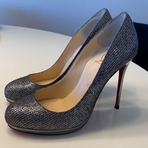 Christian Louboutin Size 37.5 / 7.5 Silver Filo 120 Lady Glitter Specchio Heels - Picture 1 of 10